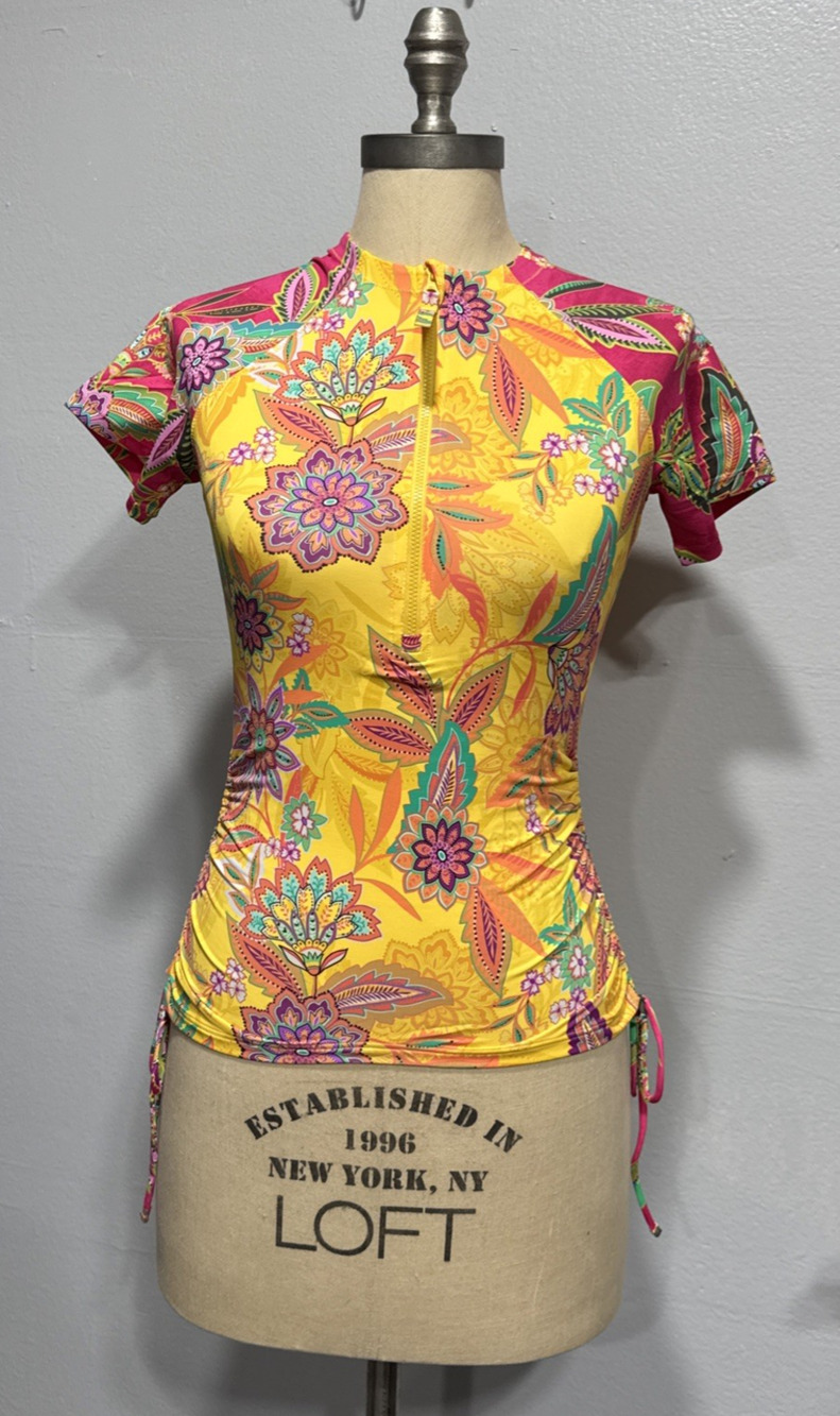 Johnny Was California Sunshine and Flamingo Drawstring Surf Swim Shirt XS Yellow